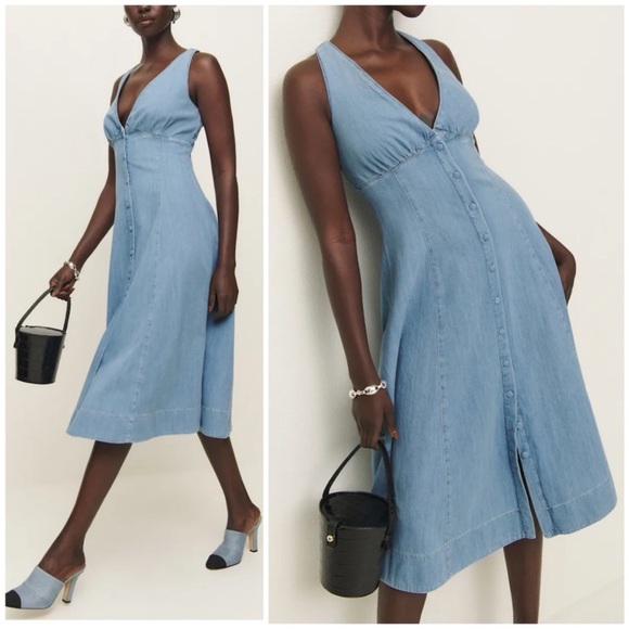 NWT Reformation Sebastian Denim Midi Dress Savannah Button Front Size 6 - Picture 8 of 14